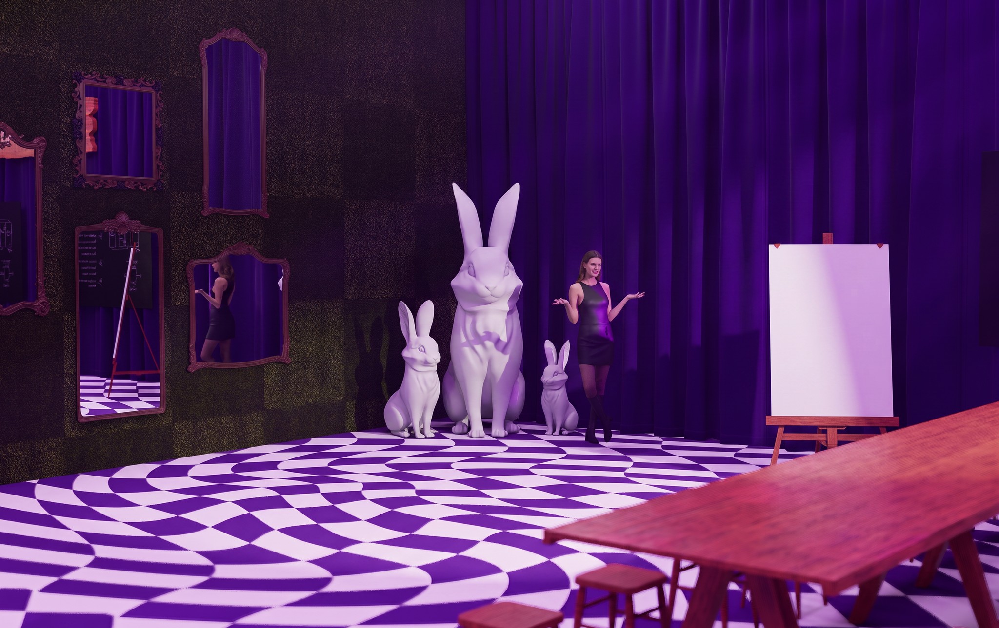 White rabbit sculptures and mirrors