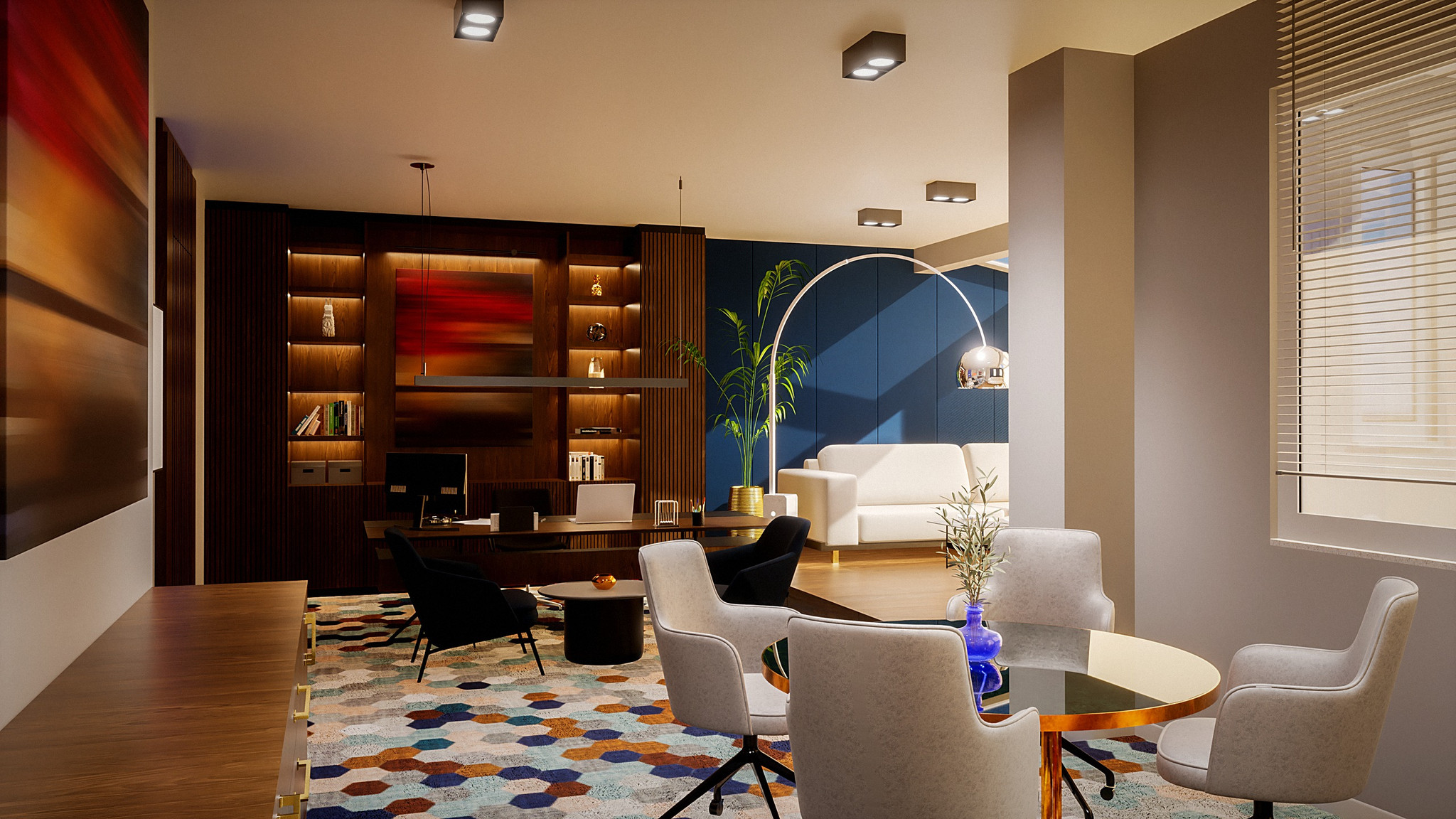DUM workplace executive interior with geometric ceiling lighting