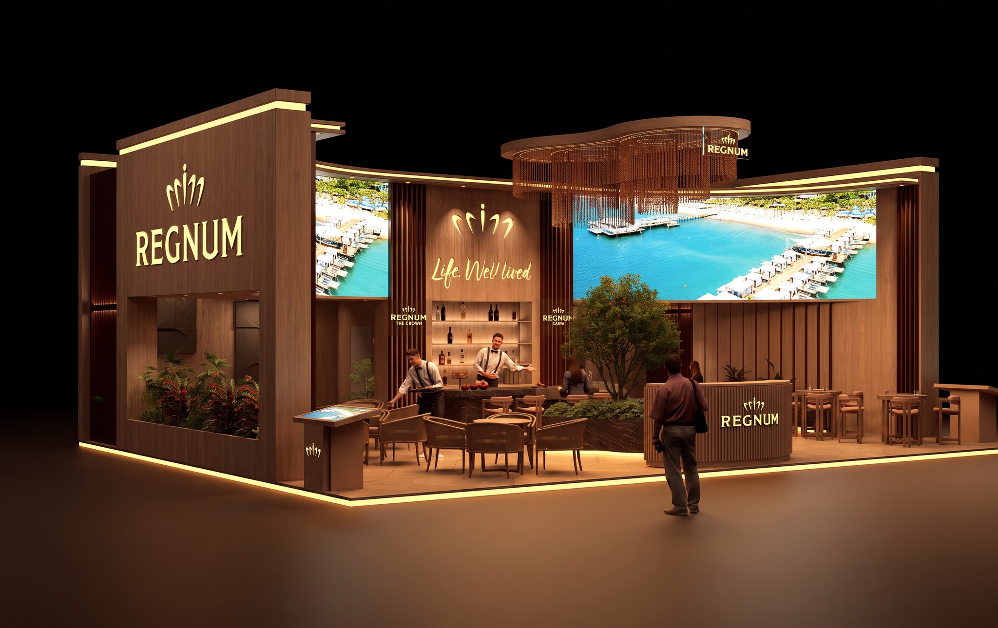 Regnum Carya Dubai exhibition stand, three-quarter arrival view