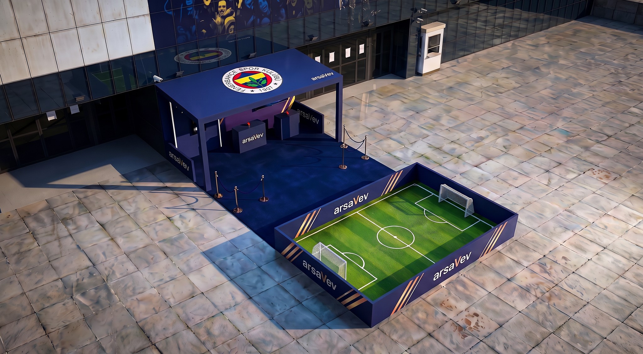 Crest-shaped booth and mini pitch